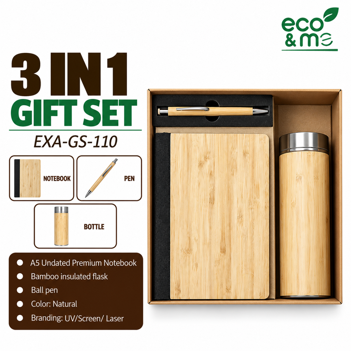 3 in 1 Bamboo Set | Notebook, Bottle & Pen | EXA-GS-110