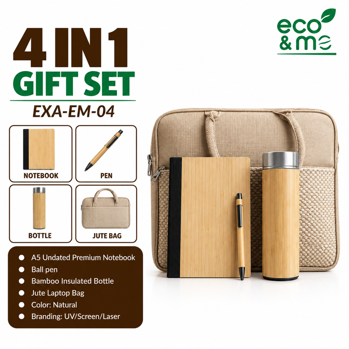 4 in 1 Bamboo Set | Pen, Notebook, Jutebag & Bottle | EXA-EM-04
