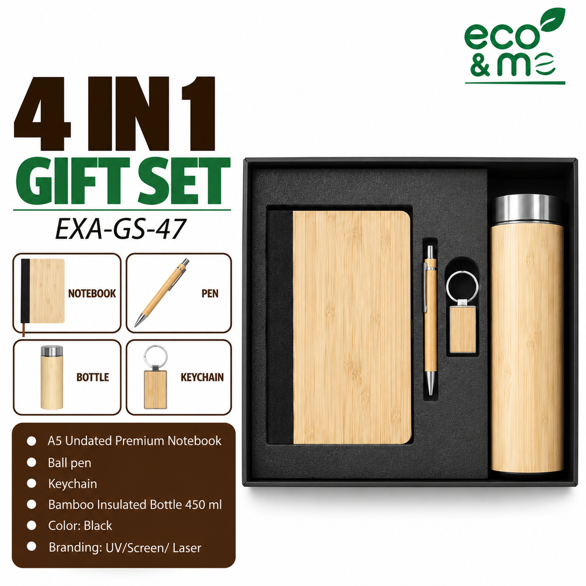 4 in 1 Bamboo Set | Keychain, Bottle, Notebook & Pen | EXA-GS-47