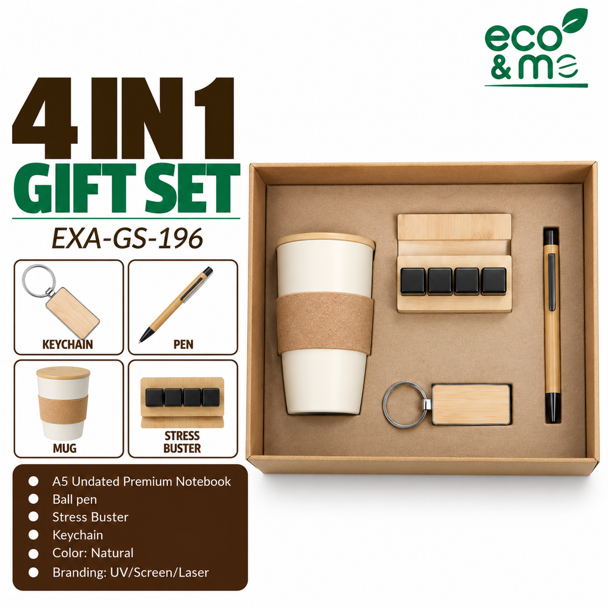 4 in 1 Bamboo Set | Pen, Mug, Keychain & Stress Blaster | EXA-GS-196