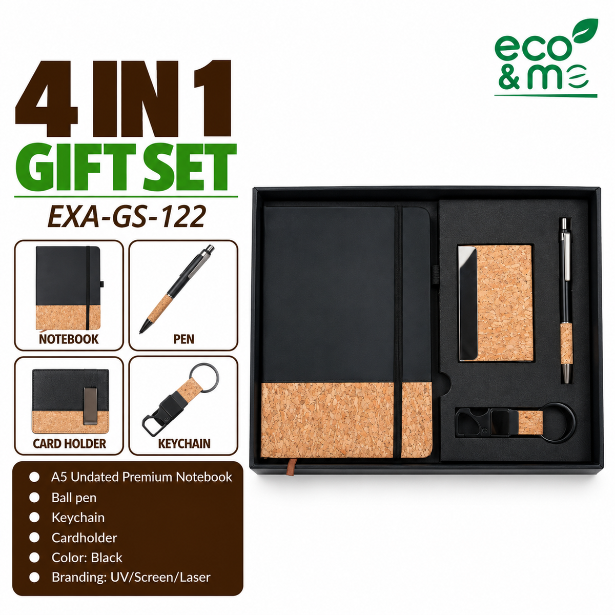 4 in 1 Bamboo Set | Pen, Notebook, Card Holser & Keychain | EXA-GS-122