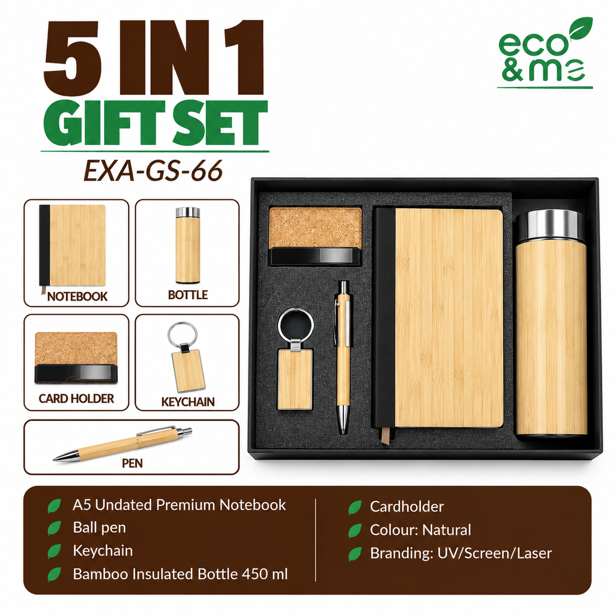 5 in 1 Bamboo Set | Pen, Notebook, Bottle, Card Holder & Keychain | EXA-GS-66