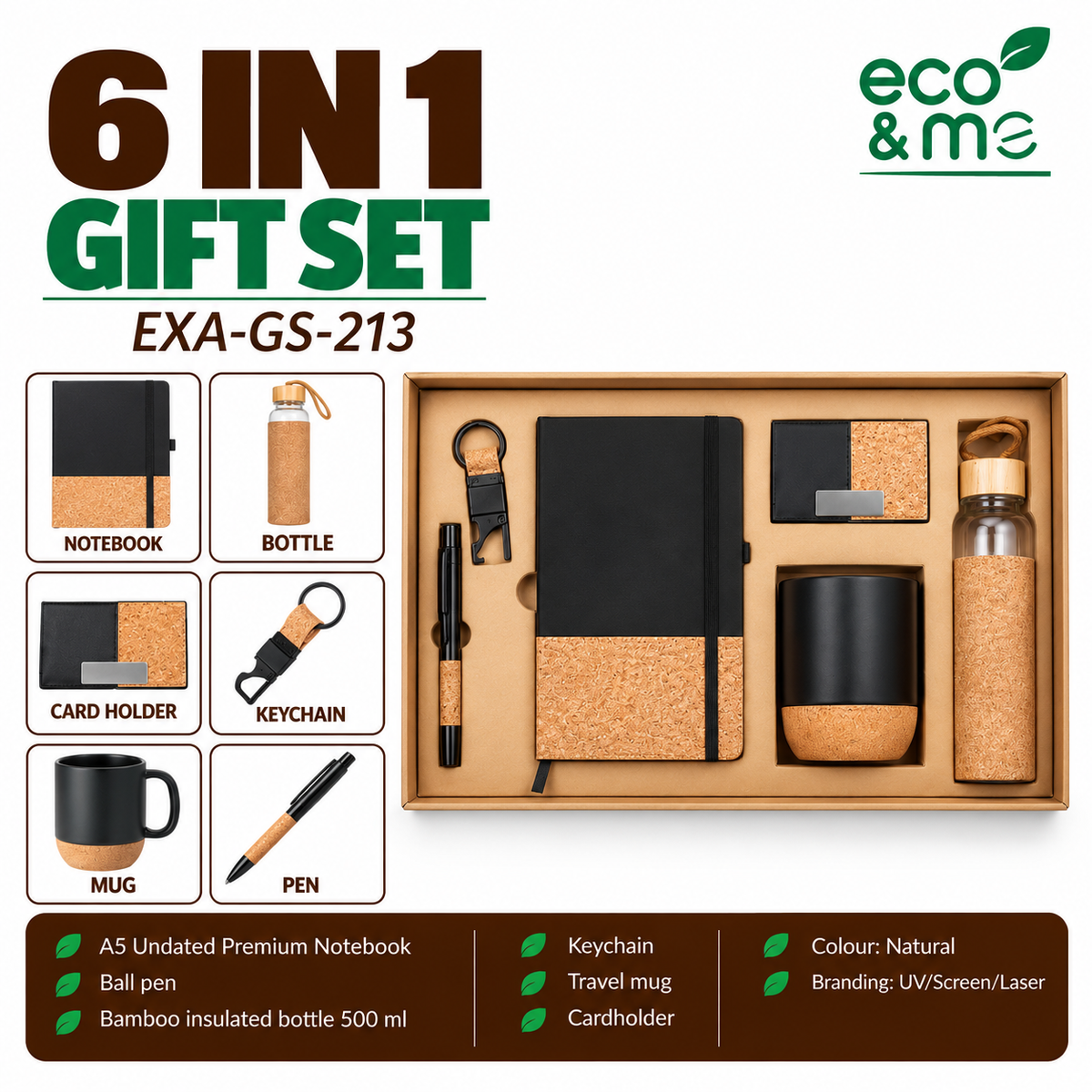 6 in 1 Bamboo Set | Pen, Notebook, Bottle, Card Holder, Mug & Keychain | EXA-GS-213
