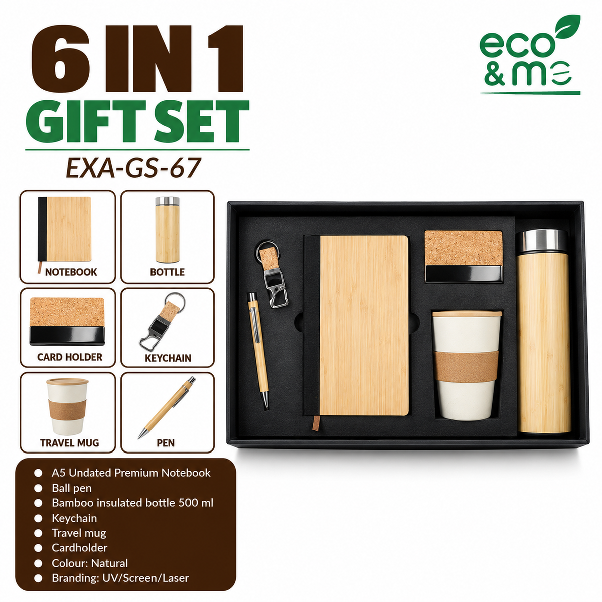 6 in 1 Bamboo Set | Pen, Notebook, Bottle, Card Holder, Travel Mug & Keychain | EXA-GS-66