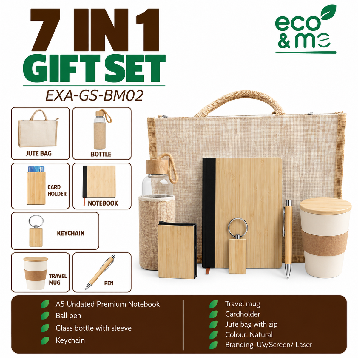 7 in 1 Bamboo Set | Pen, Notebook, Bottle, Card Holder, Travel, Jute Bag Mug & Keychain | EXA-GS-BM02