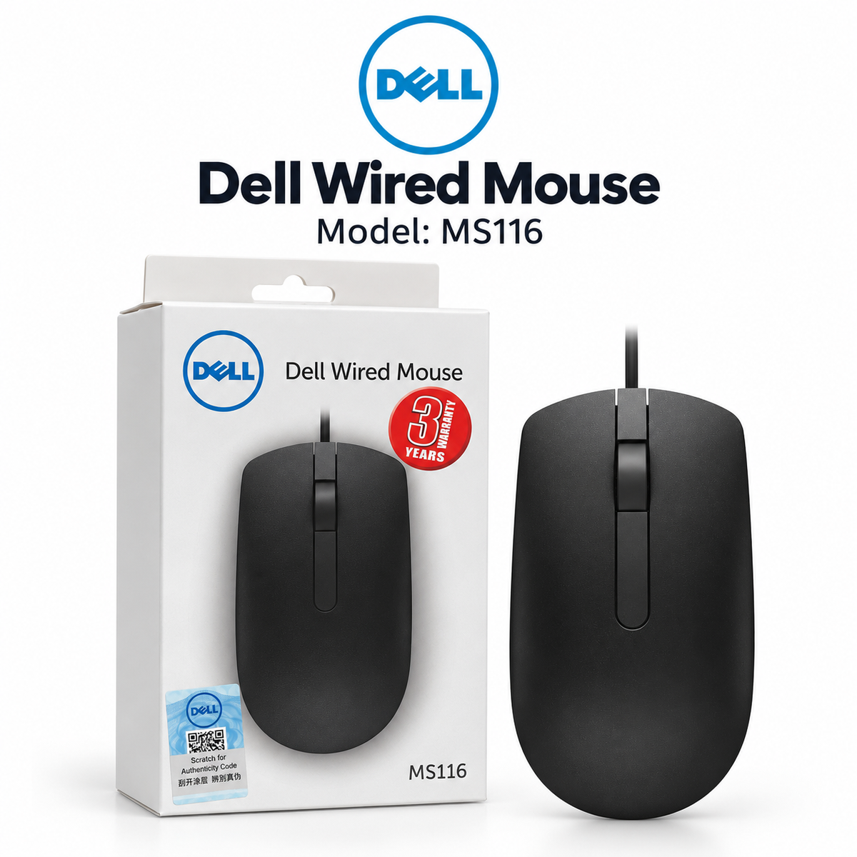 Dell MS116 Wired Mouse | 1000 DPI | Optical LED Tracking