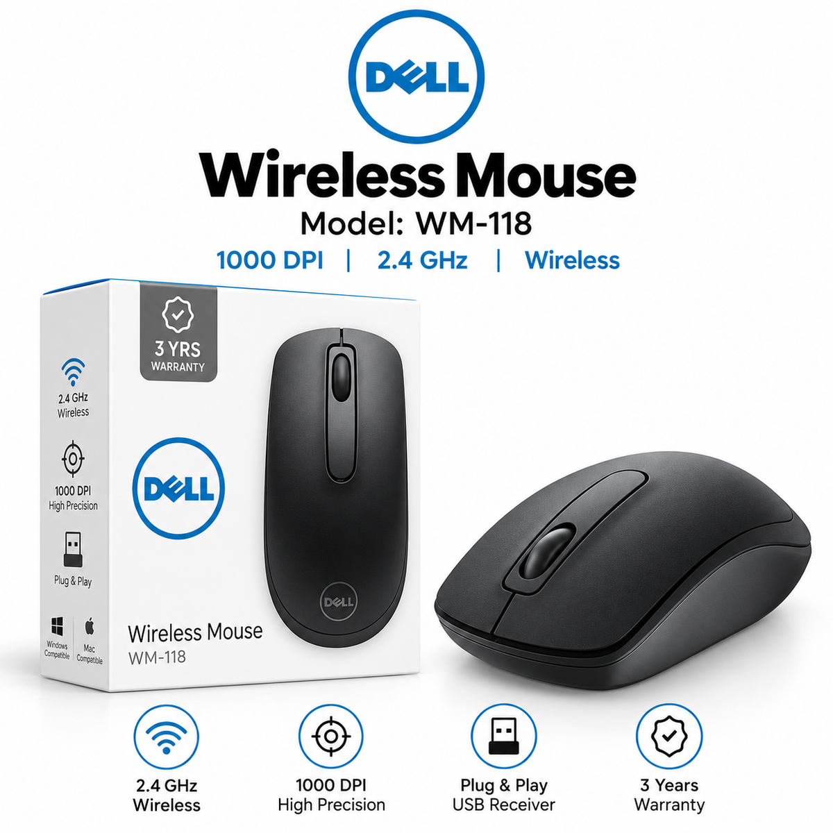 Dell WM118 Wireless Mouse | 1000DPI | 2.4 Ghz with USB Nano Receiver | Black