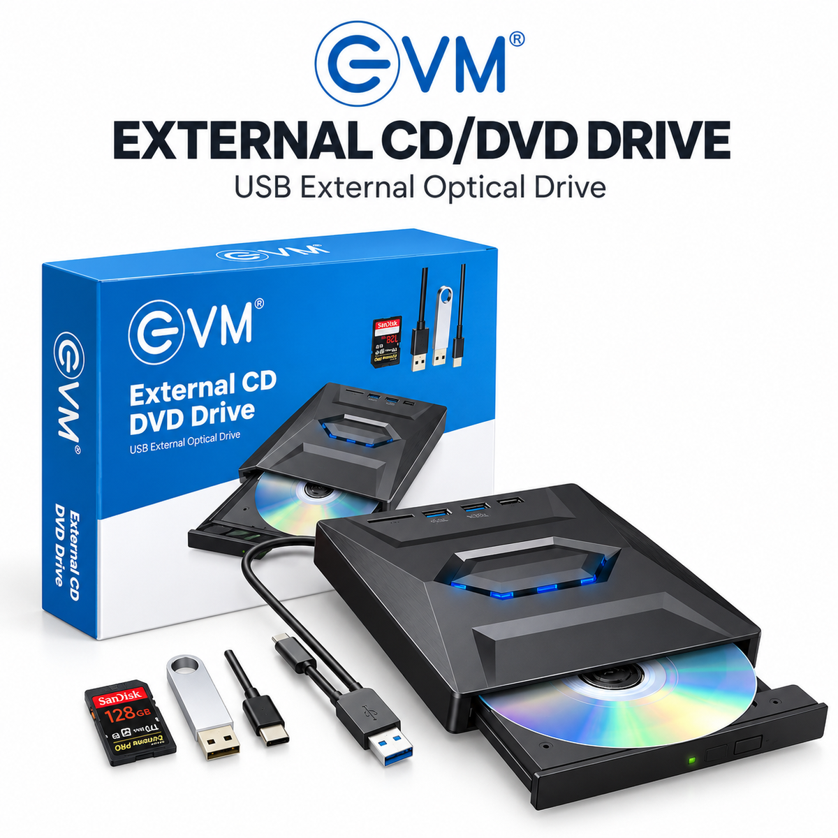 EVM DVD Drive | USB 3.5 & Type C | External CD DVD Writer RW Optical Drive CD/DVD ROM