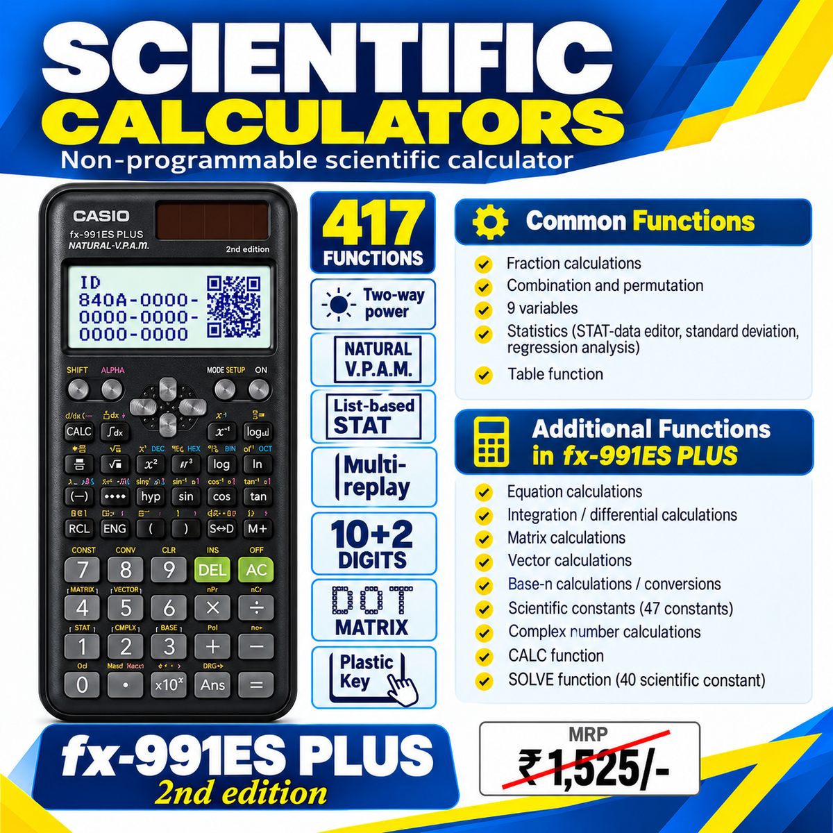 CASIO Calculator | FX-991ES Plus (Dot Matrix) (10+2 Digits) | Scientific Calculator