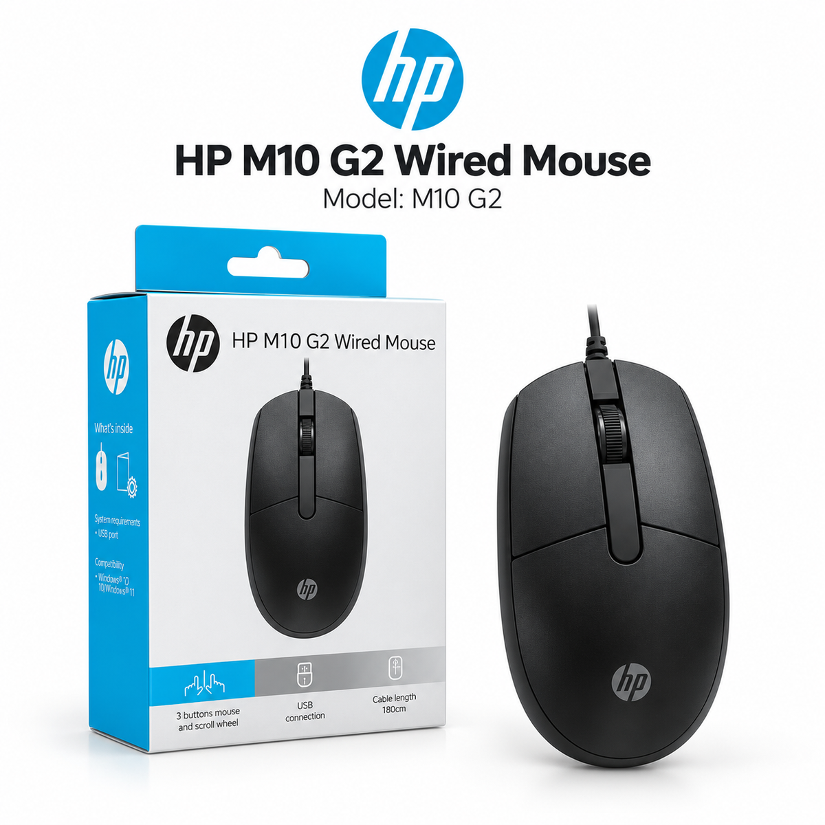 HP M10 G2 Wired Mouse | 1200 DP I USB Type-A Port | Black; 98 gram