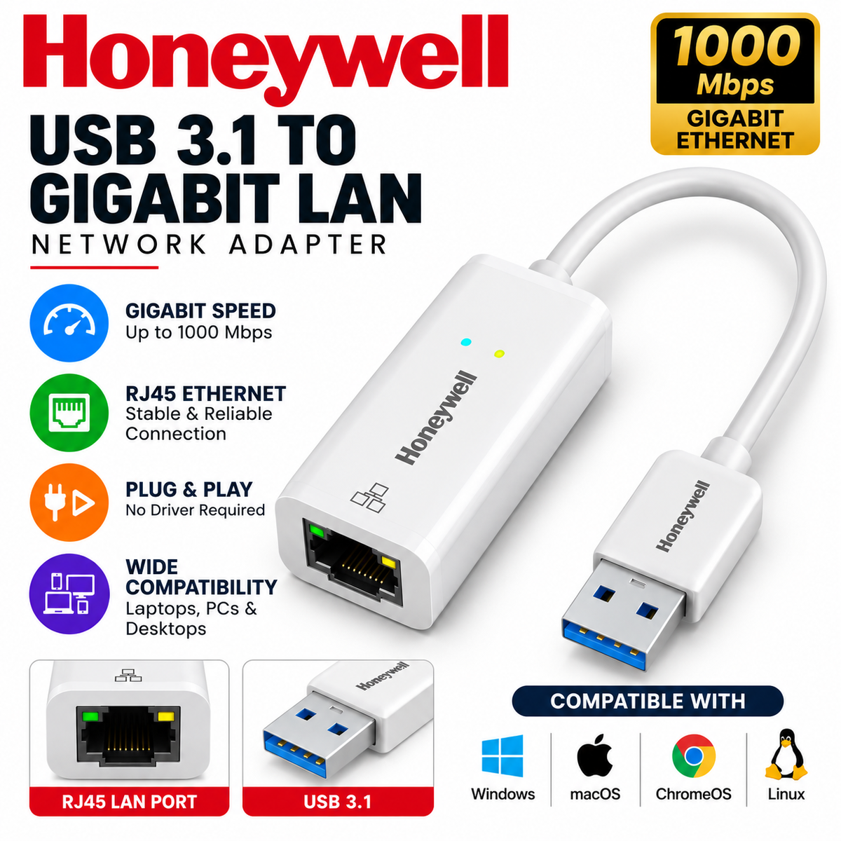 Honeywell High-Speed USB 3.1 to RJ45 Gigabit Ethernet Adapter