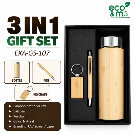 3 in 1 Bamboo Set | Bottle, Keychain & Pen | EXA-GS-107