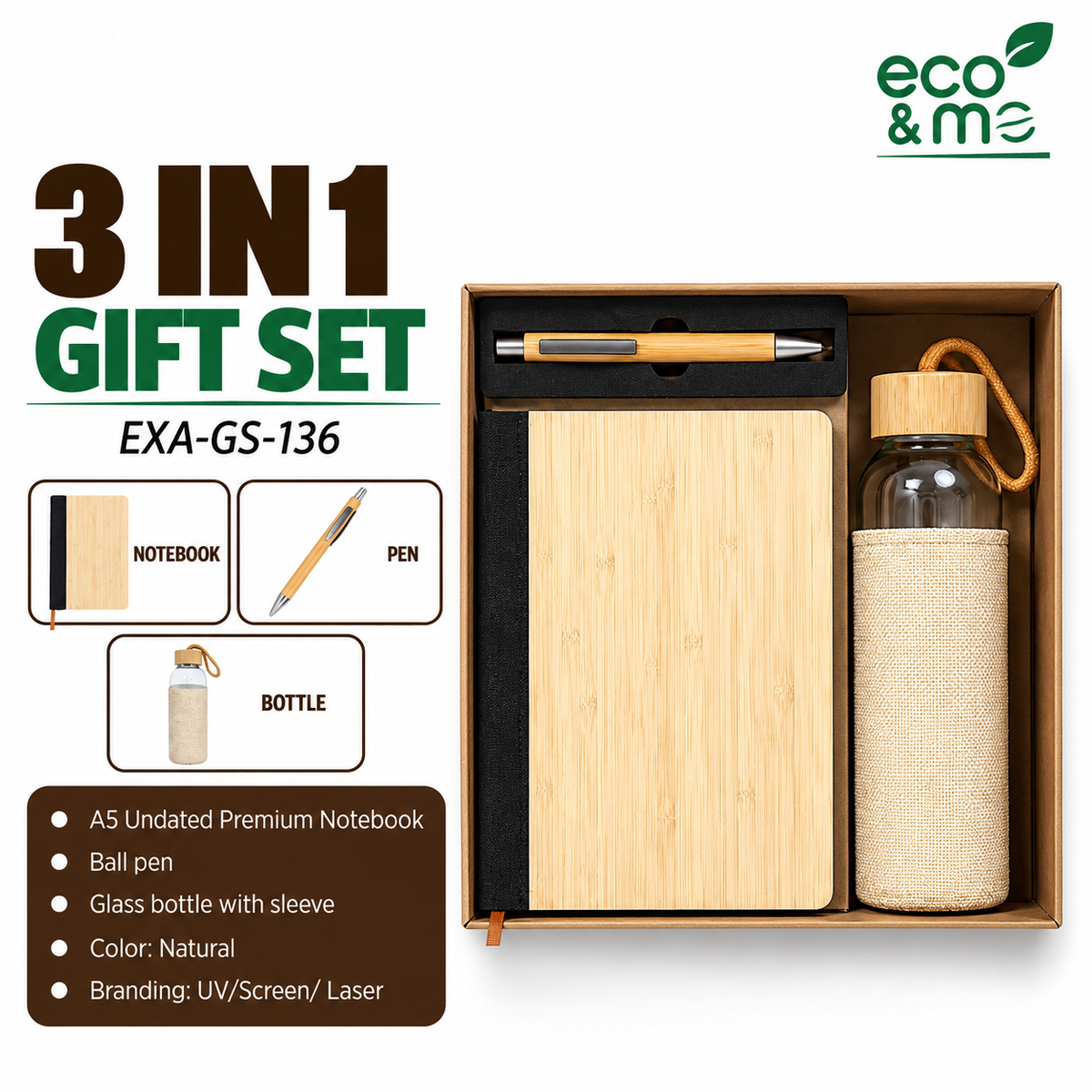3 in 1 Bamboo Set | Notebook, Bottle & Pen | EXA-GS-136