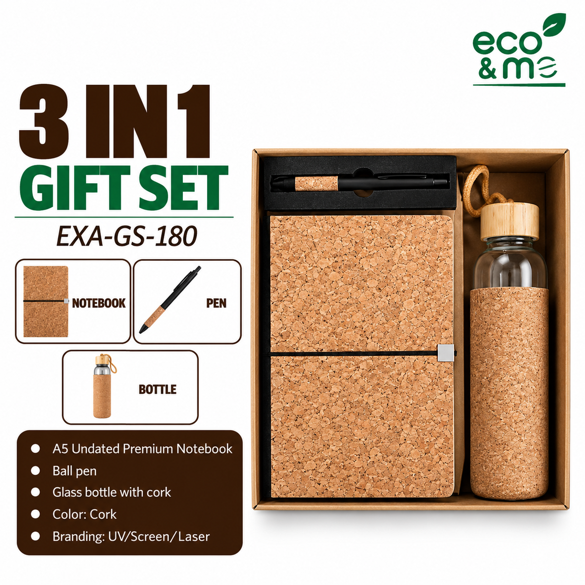 3 in 1 Bamboo Set | Notebook, Bottle & Pen | EXA-GS-180