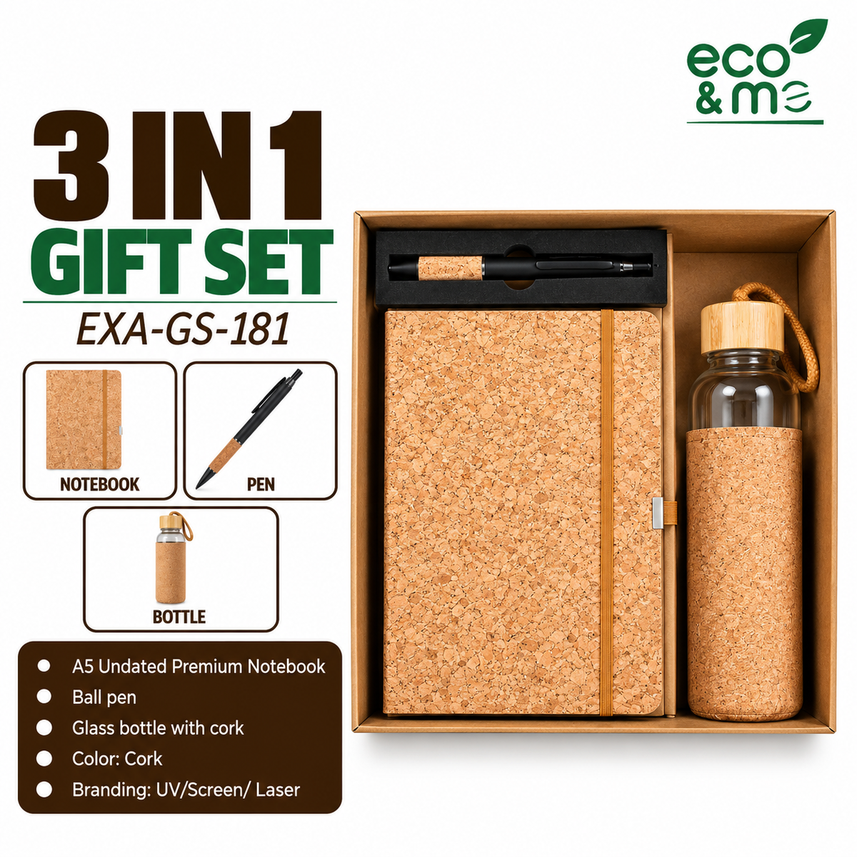 3 in 1 Bamboo Set | Notebook, Bottle & Pen | EXA-GS-181