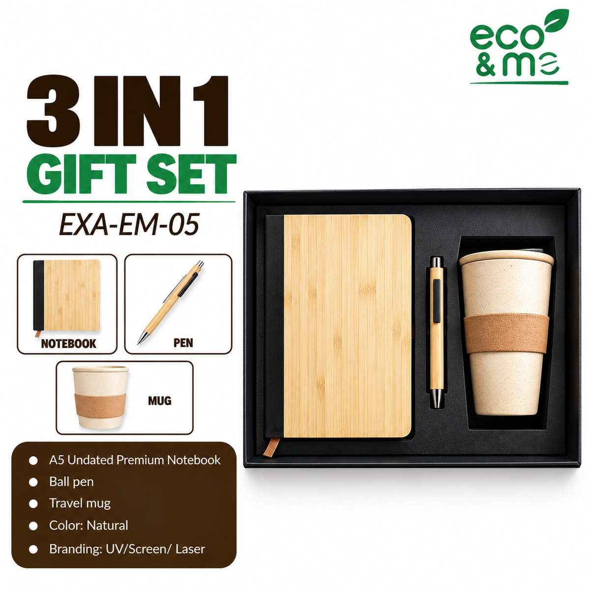 3 in 1 Bamboo Set | Notebook, Mug & Pen | EXA-EM-05