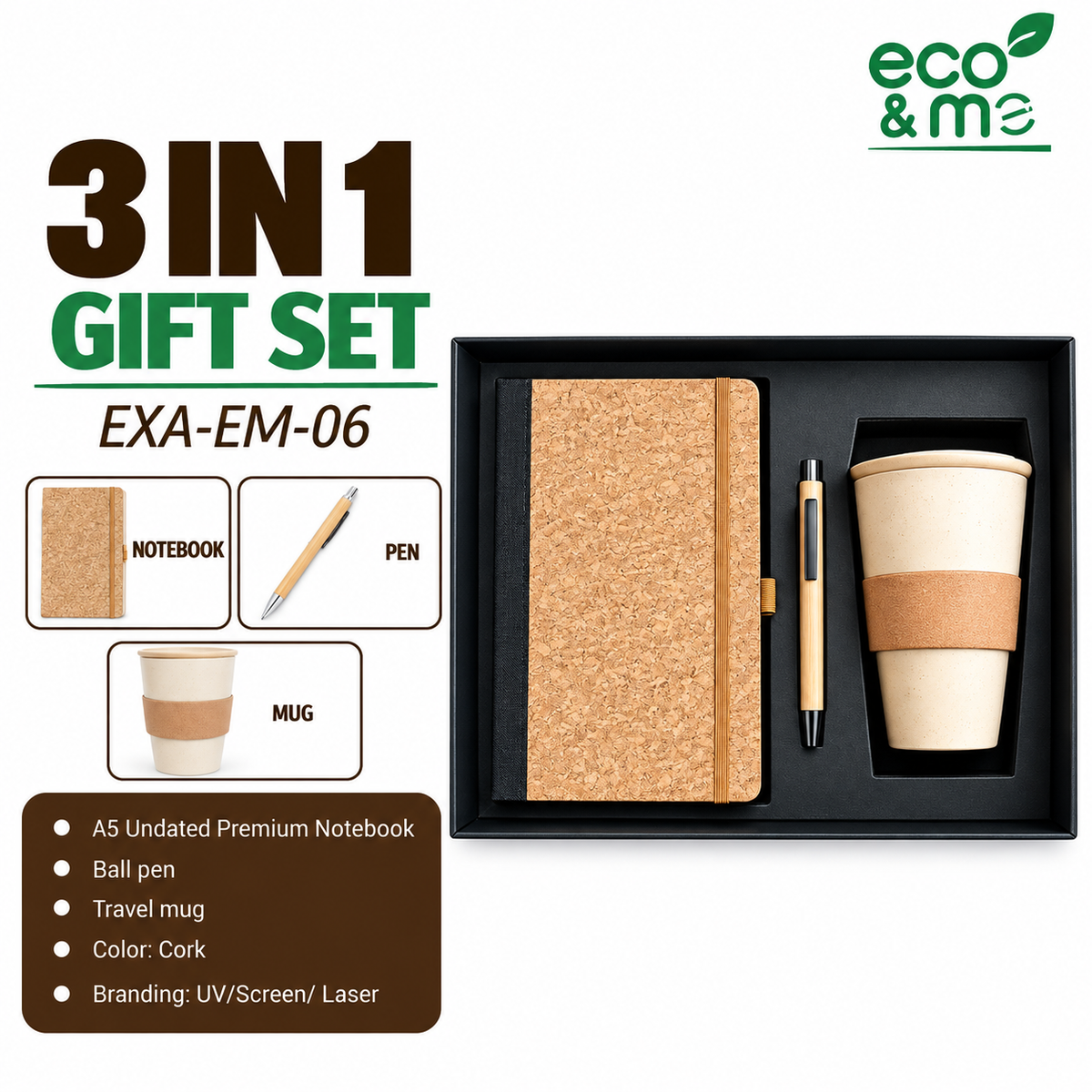 3 in 1 Bamboo Set | Notebook, Mug & Pen | EXA-EM-06