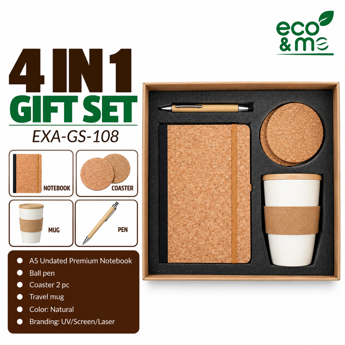 4 in 1 Bamboo Set | Pen, Mug, Notebook & Coaster | EXA-GS-108