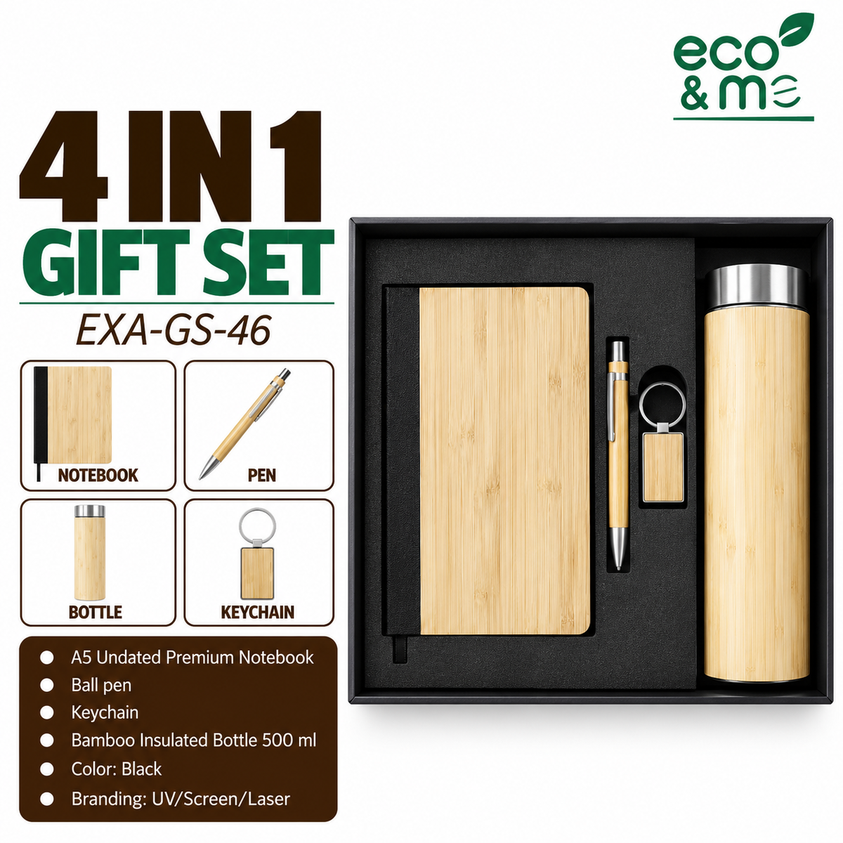 4 in 1 Bamboo Set | Keychain, Bottle, Notebook & Pen | EXA-GS-46
