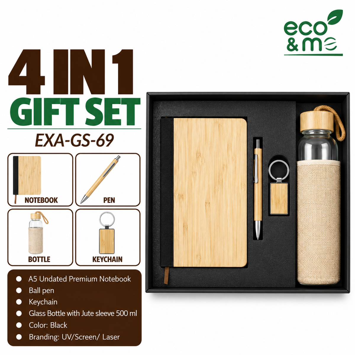 4 in 1 Bamboo Set | Keychain, Bottle, Notebook & Pen | EXA-GS-69