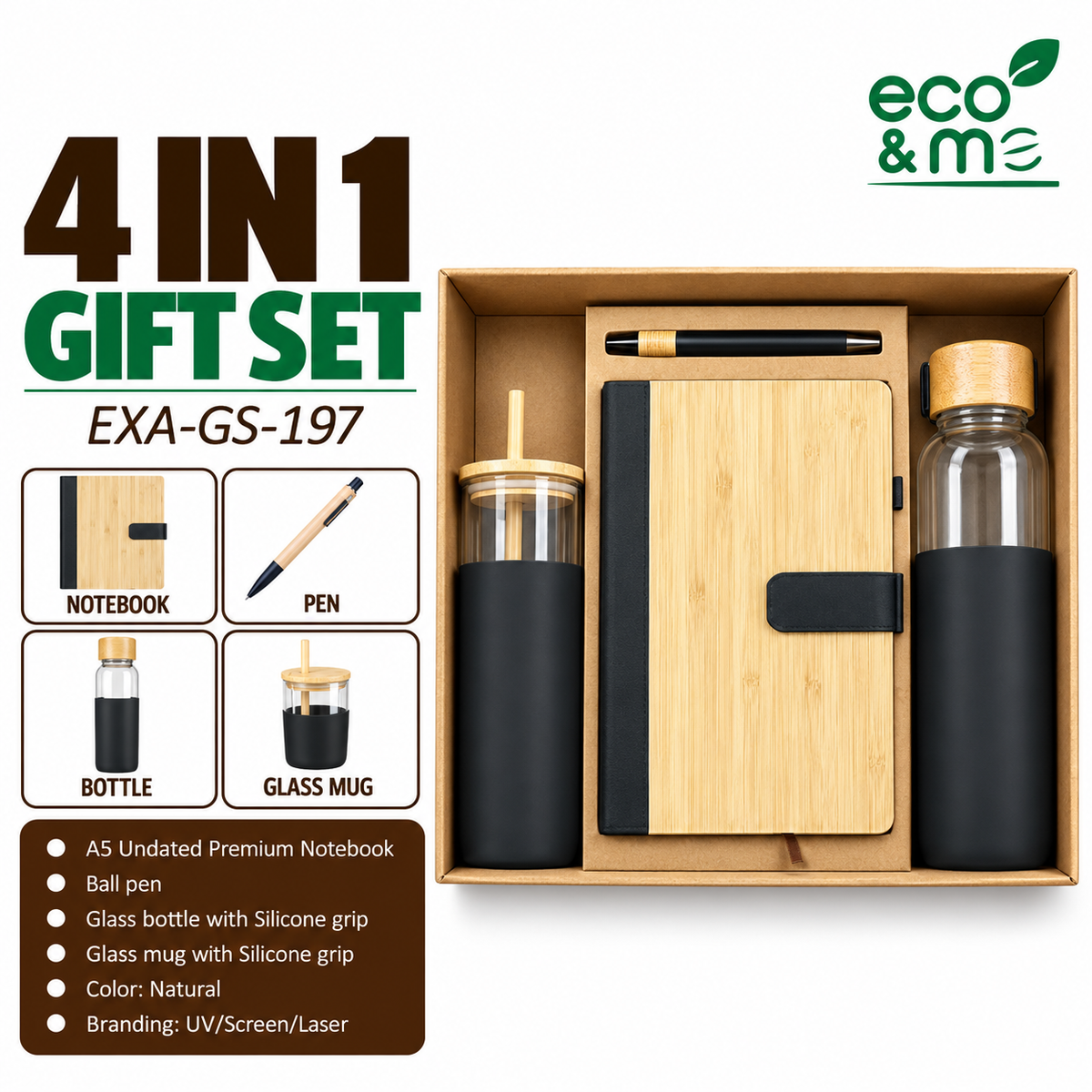 4 in 1 Bamboo Set | Pen, Bottle, Notebook & Glass Mug | EXA-GS-197