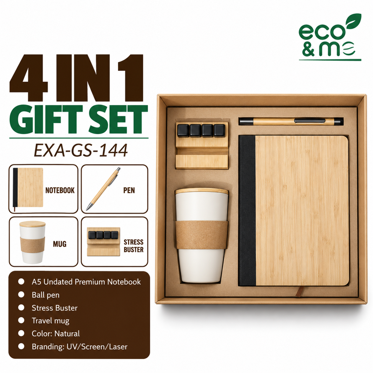4 in 1 Bamboo Set | Pen, Mug, Notebook & Stress Buster | EXA-GS-144