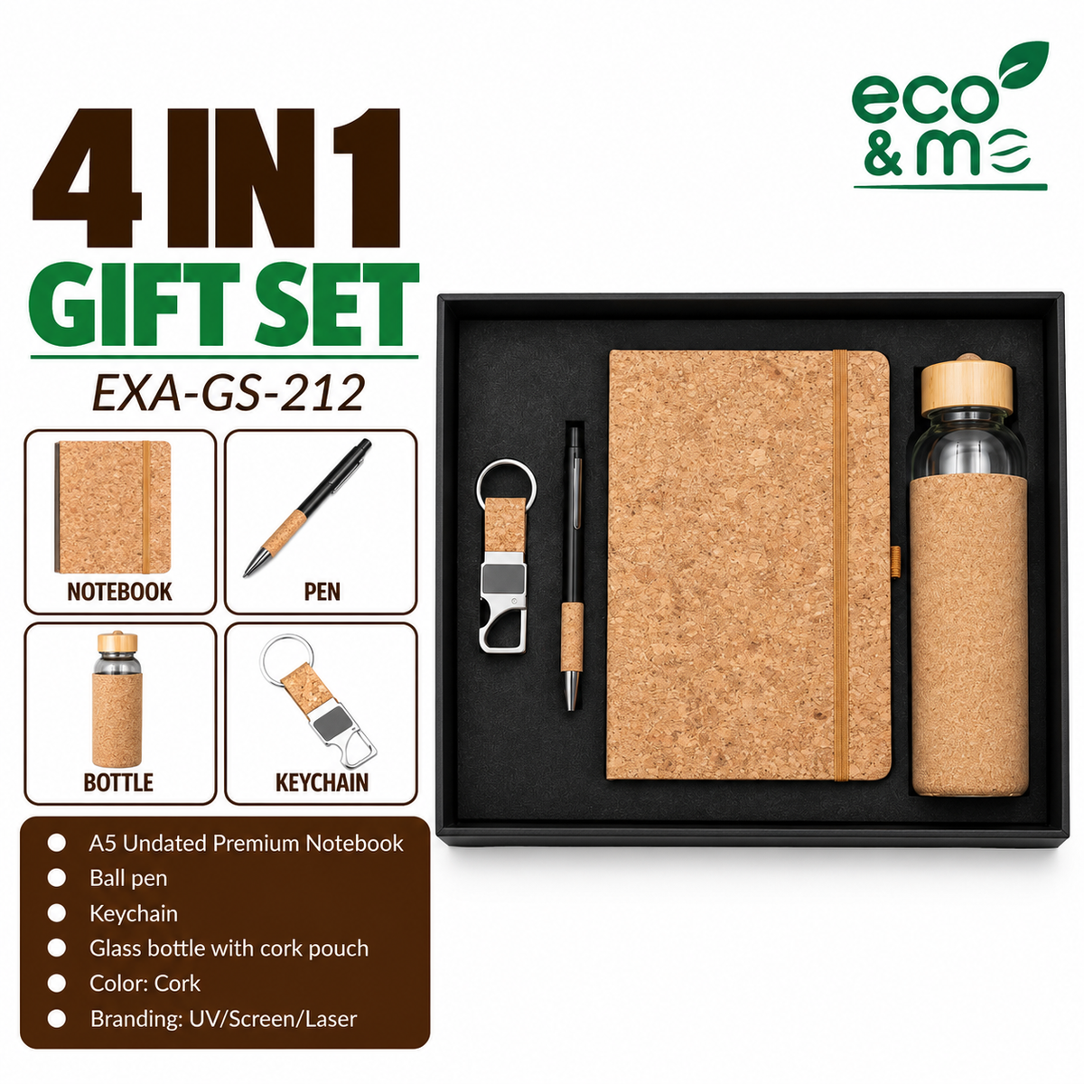 4 in 1 Bamboo Set | Pen, Notebook, Keychain & Bottle | EXA-GS-212