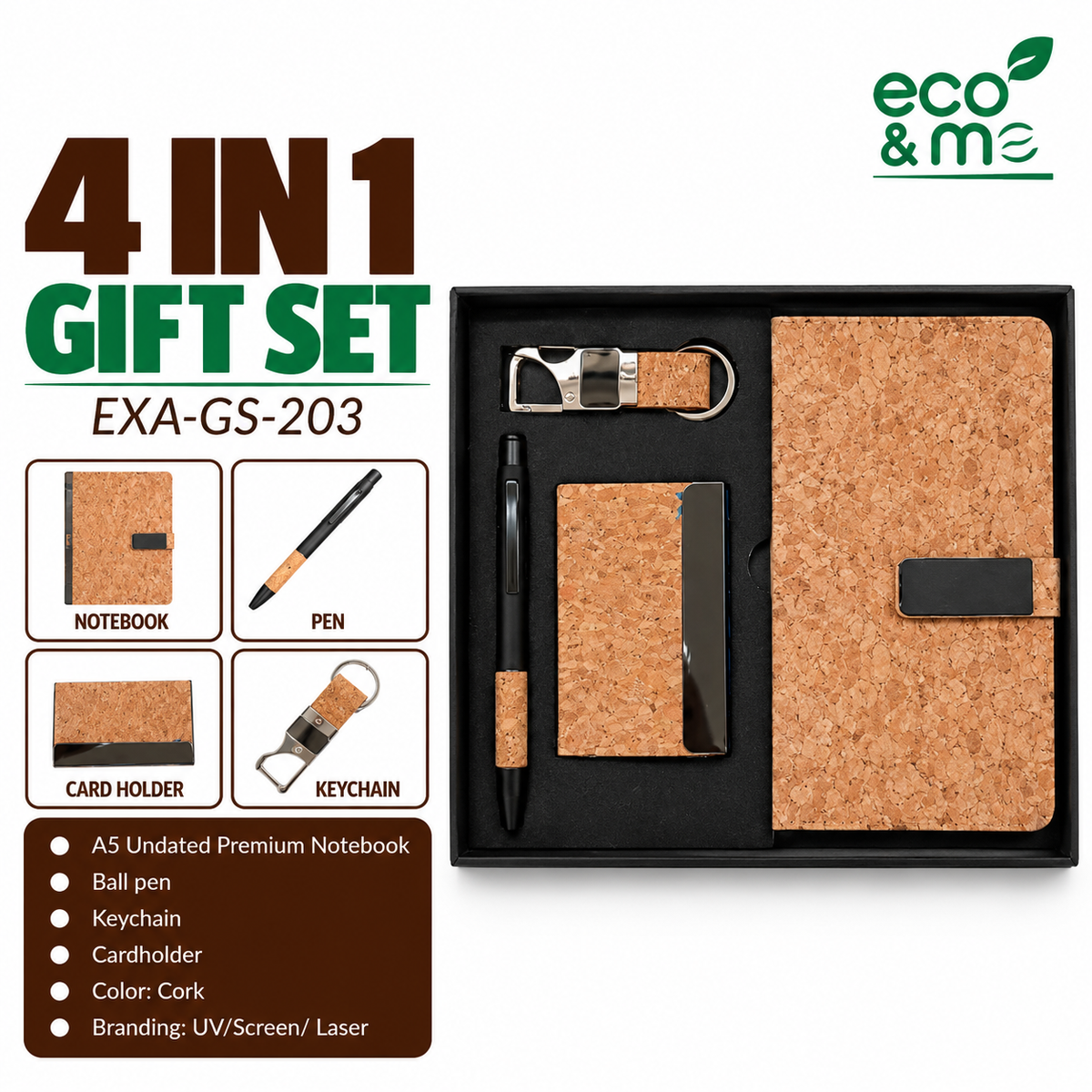 4 in 1 Bamboo Set | Pen, Notebook, Keychain & Card Holder | EXA-GS-203