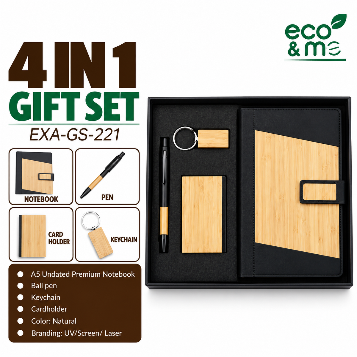 4 in 1 Bamboo Set | Pen, Notebook, Keychain & Card Holder | EXA-GS-221