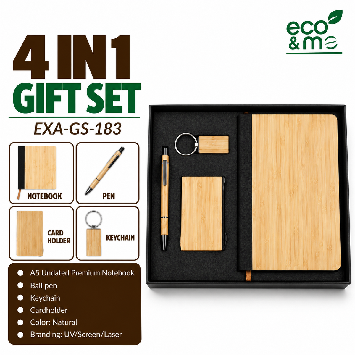 4 in 1 Bamboo Set | Pen, Notebook, Keychain & Card Holder | EXA-GS-183