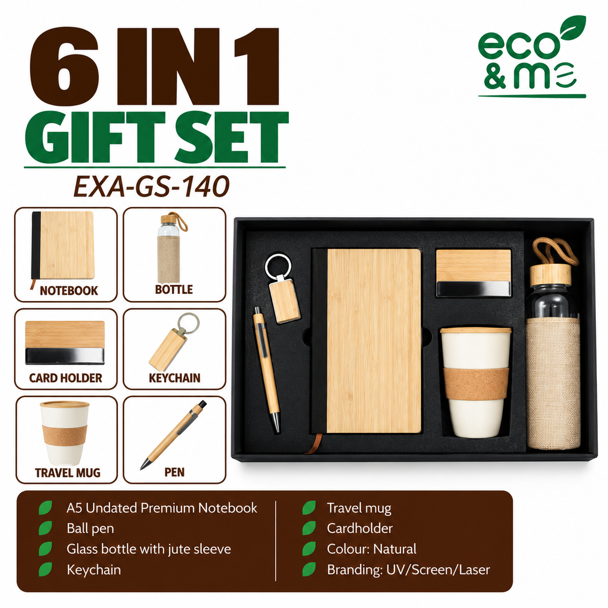 6 in 1 Bamboo Set | Pen, Notebook, Bottle, Card Holder, Travel Mug & Keychain | EXA-GS-140