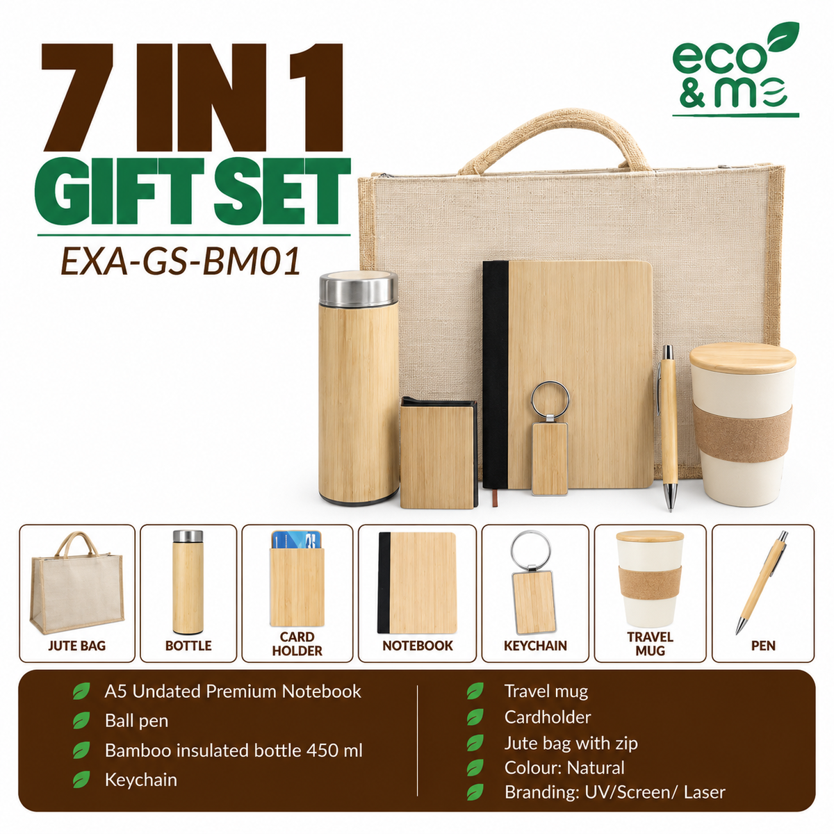 7 in 1 Bamboo Set | Pen, Notebook, Bottle, Card Holder, Travel, Jute Bag Mug & Keychain | EXA-GS-BM01