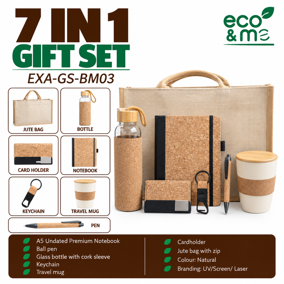 7 in 1 Bamboo Set | Pen, Notebook, Bottle, Card Holder, Travel, Jute Bag Mug & Keychain | EXA-GS-BM03
