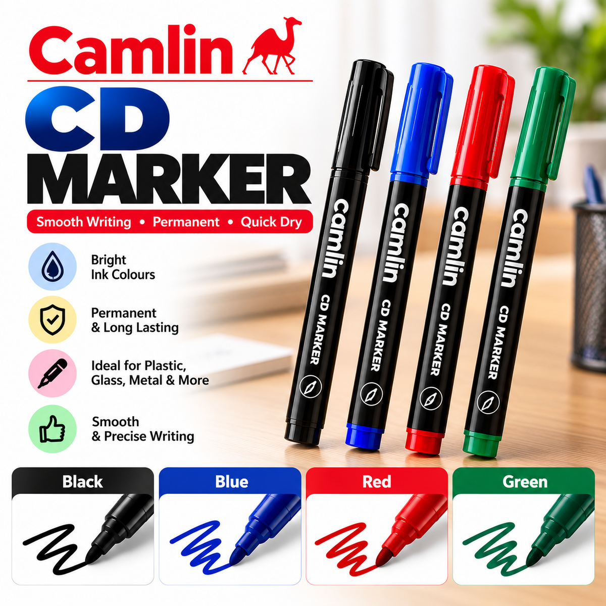 Camlin CD marker pen - Black, Blue, Green, Red