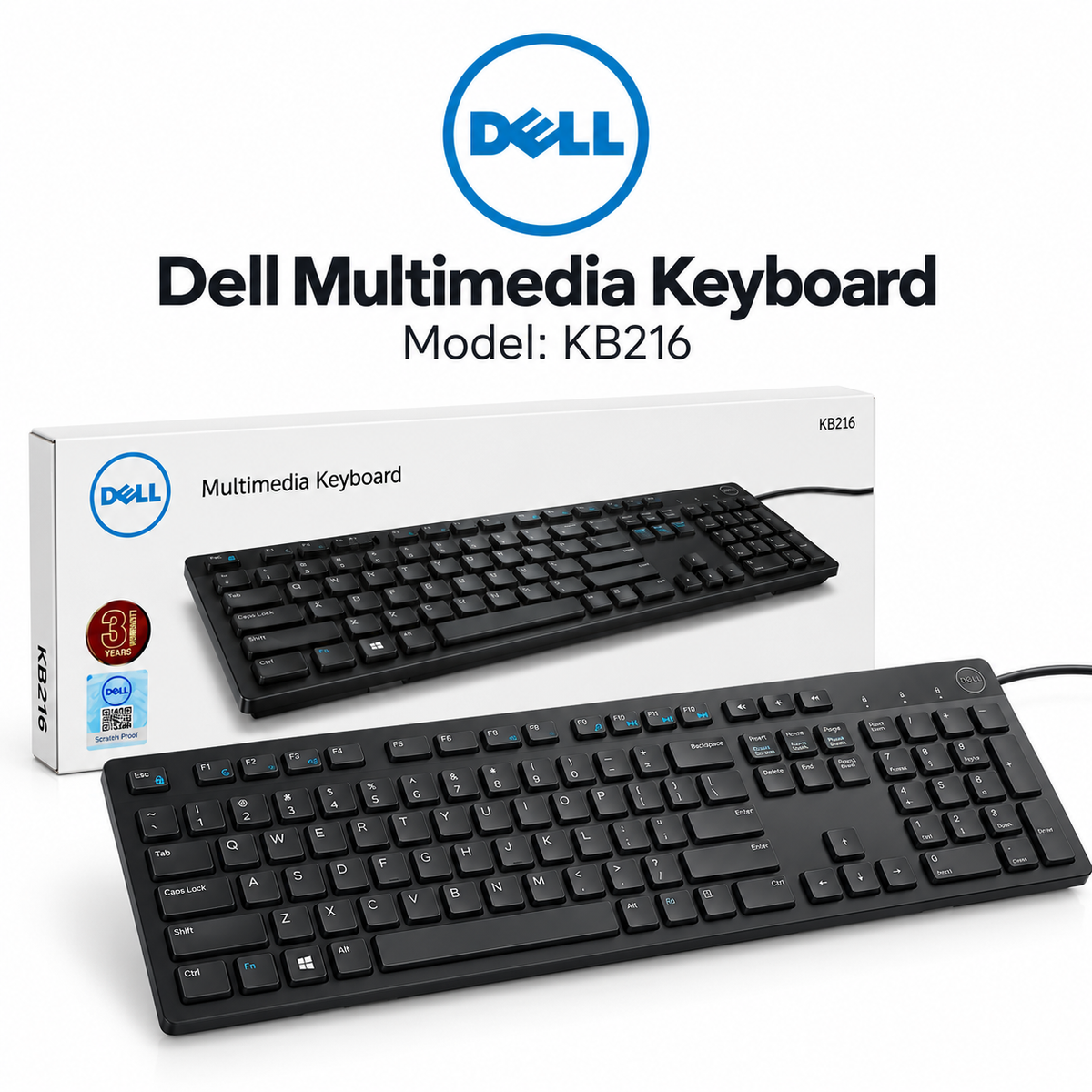 Dell KB216 Wired Multimedia Keyboard | Hot Keys: Volume, Mute, Play/Pause, Backward, Forward