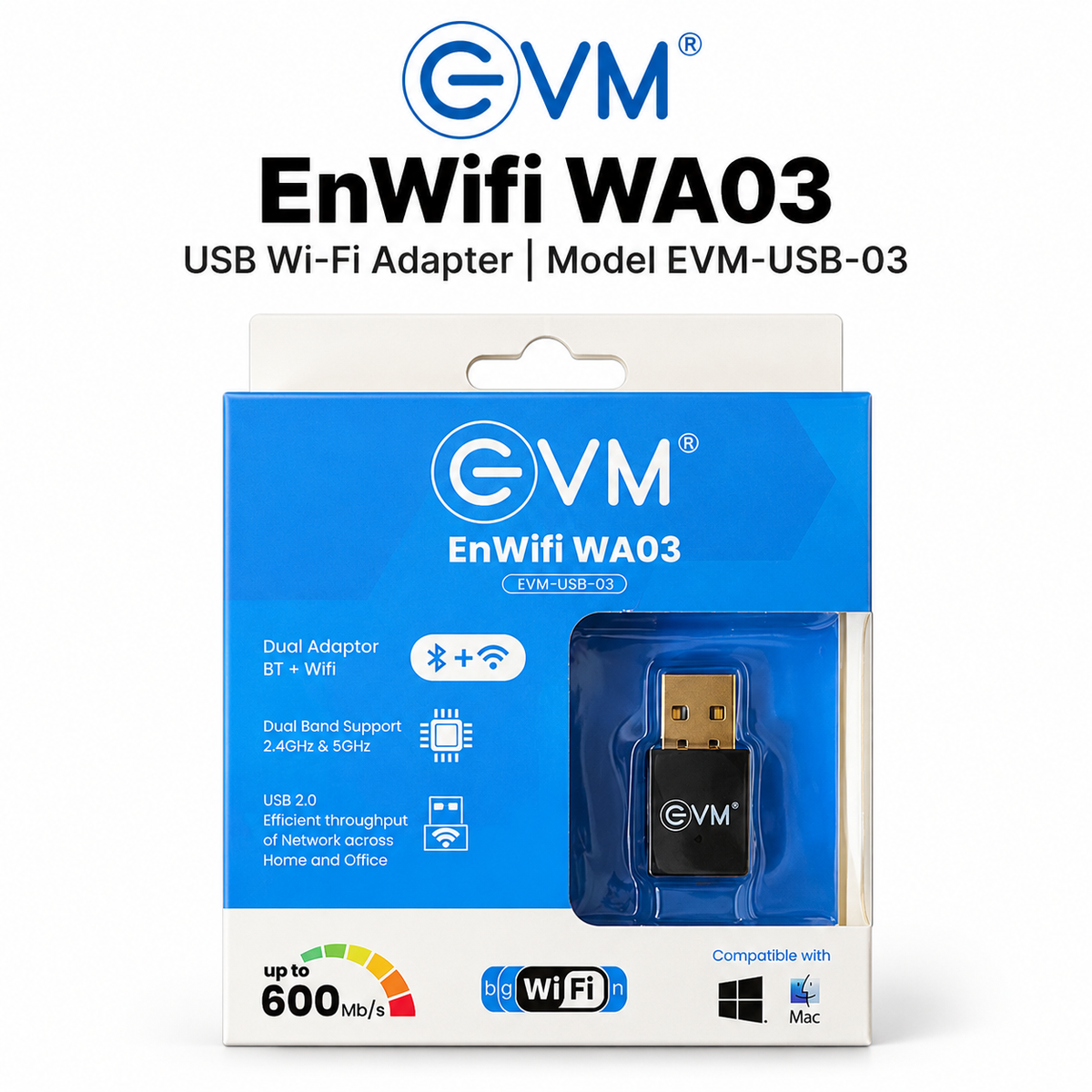 EVM Wi-Fi Adapter | 600 MB/S| Dual Bluetooth + WIFI Adaptor | EVM ENWIFI WA03 EVM-USBD-03