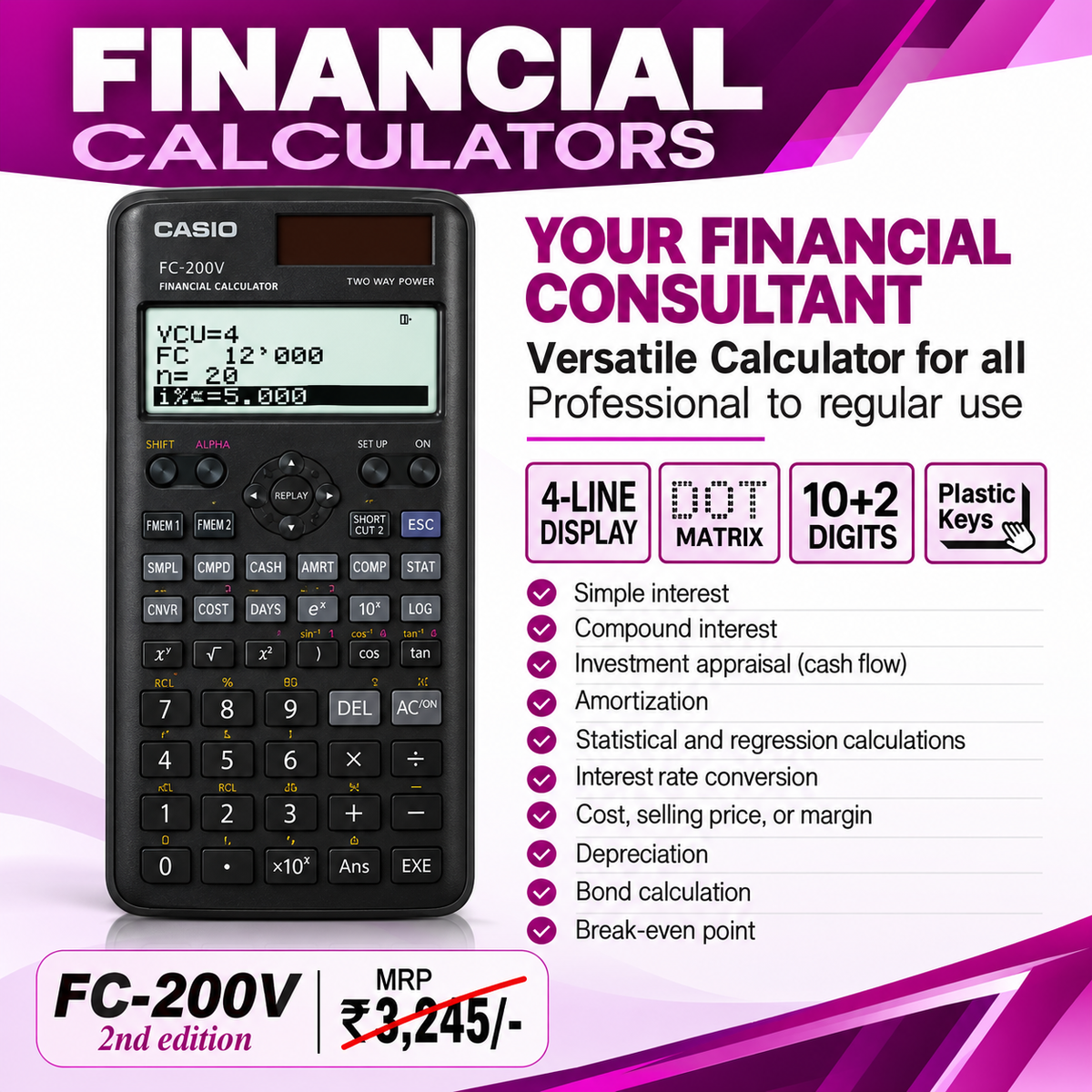 CASIO Calculator | FC-200V (4-Line Display) (10+2 Digits) | Financial Calculator