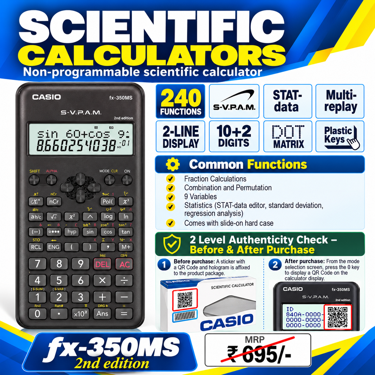 CASIO Calculator | FX-350MS 2nd Edition (Dot Matrix) (2-Line Display) (10+2 Digits) | Scientific Calculator