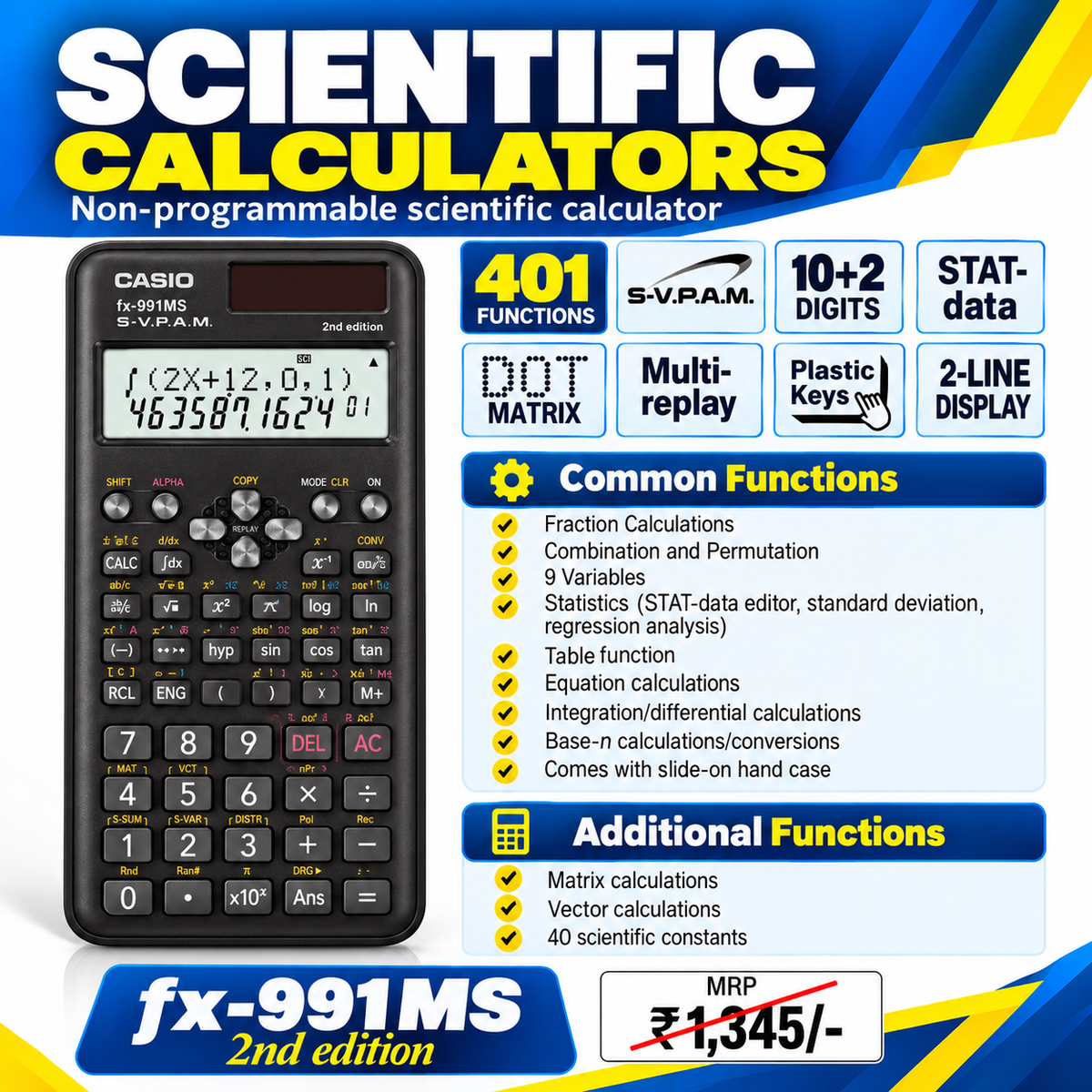 CASIO Calculator | FX-991MS MS (Dot Matrix) (2-Line Display) (10+2 Digits) | Scientific Calculator