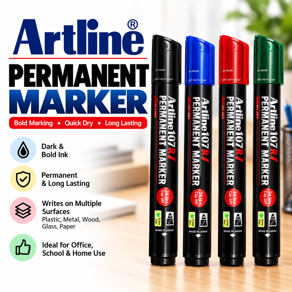 Artline Permanent marker - Black, Blue, Red, Green