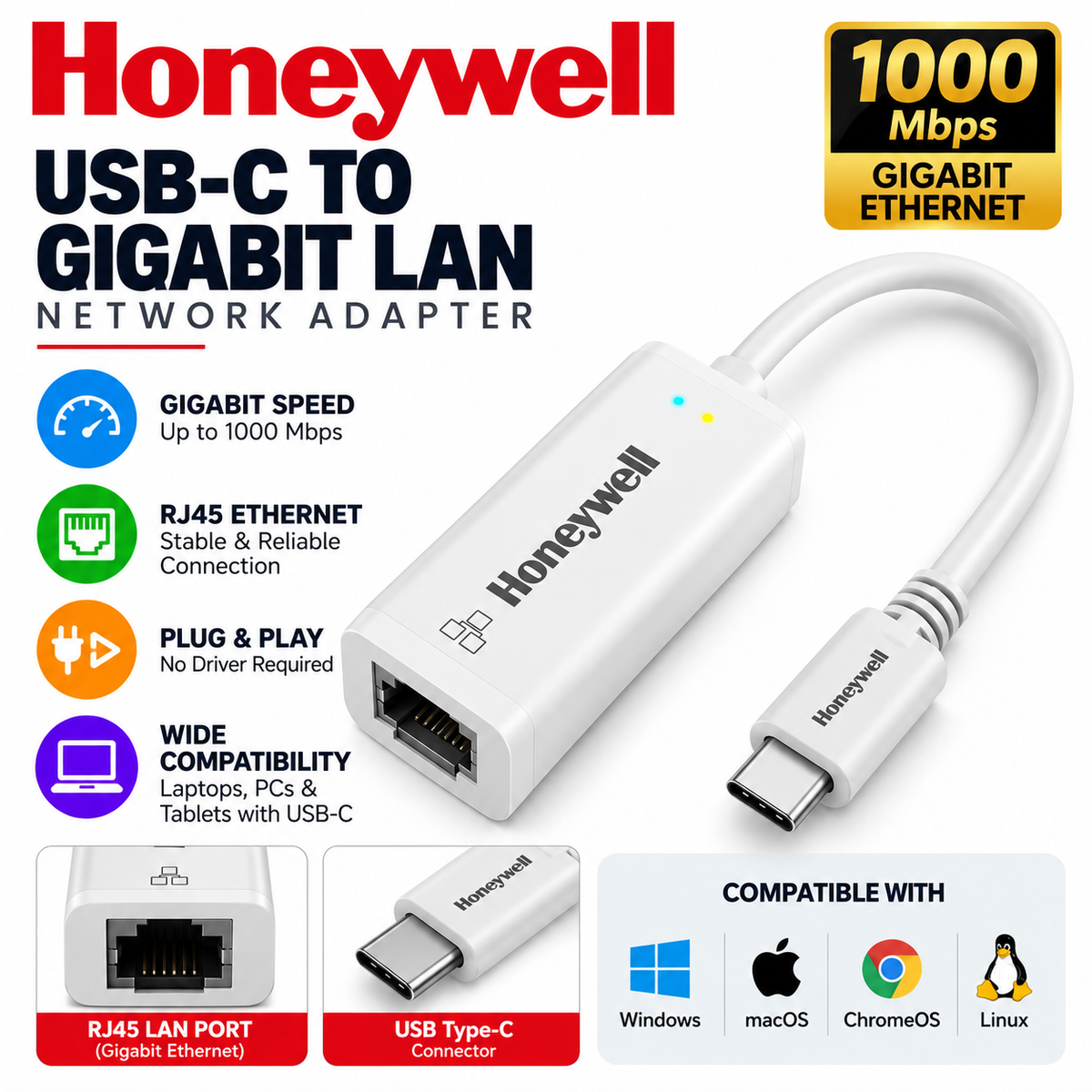 Honeywell High-Speed Type C to RJ45 Gigabit Ethernet Adapter