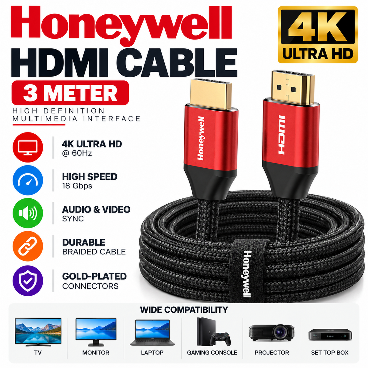 Honeywell HDMI Cable 2.1 with Ethernet, 3mtr
