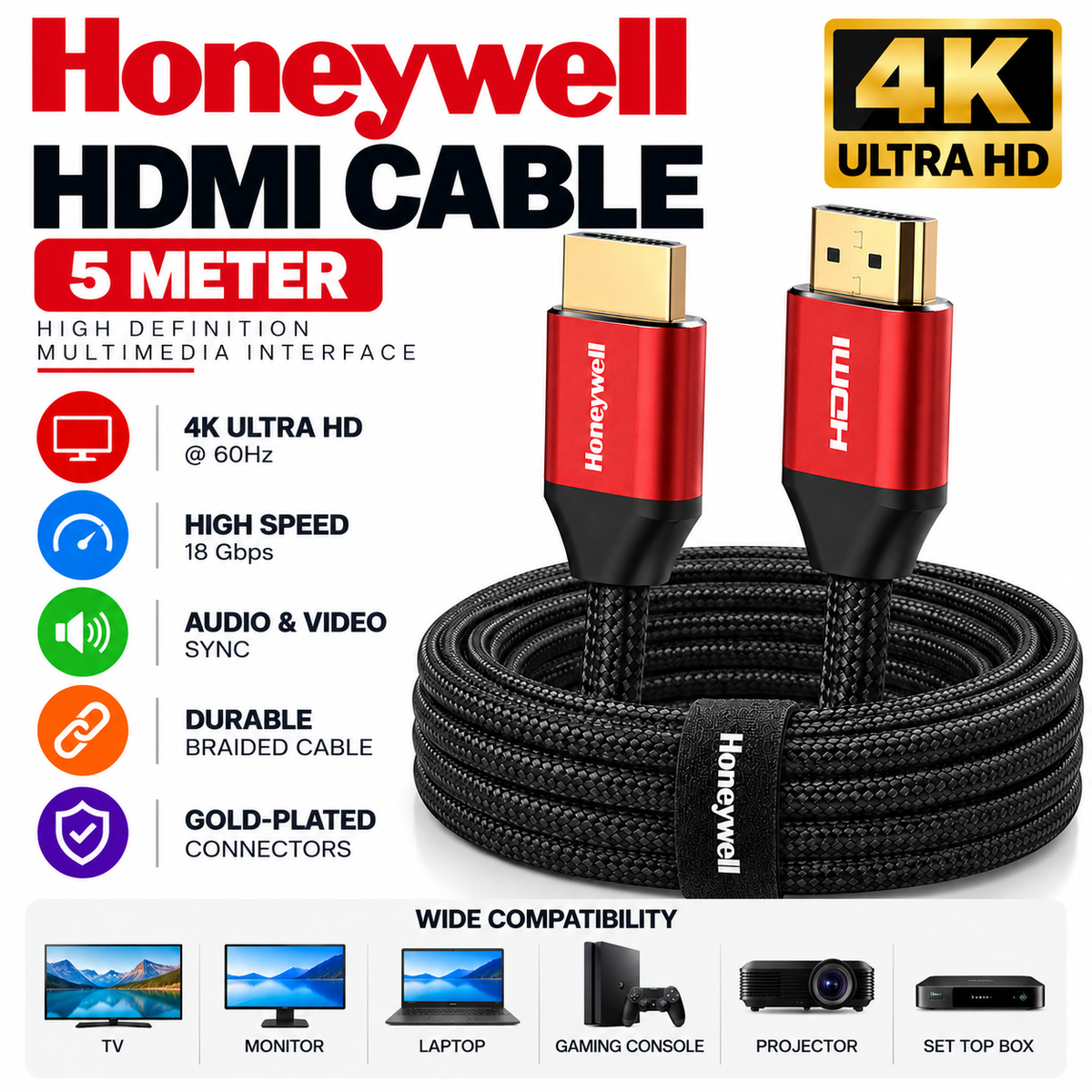 Honeywell HC000003/HDM/5M 5 meter High Speed HDMI Cable with Ethernet