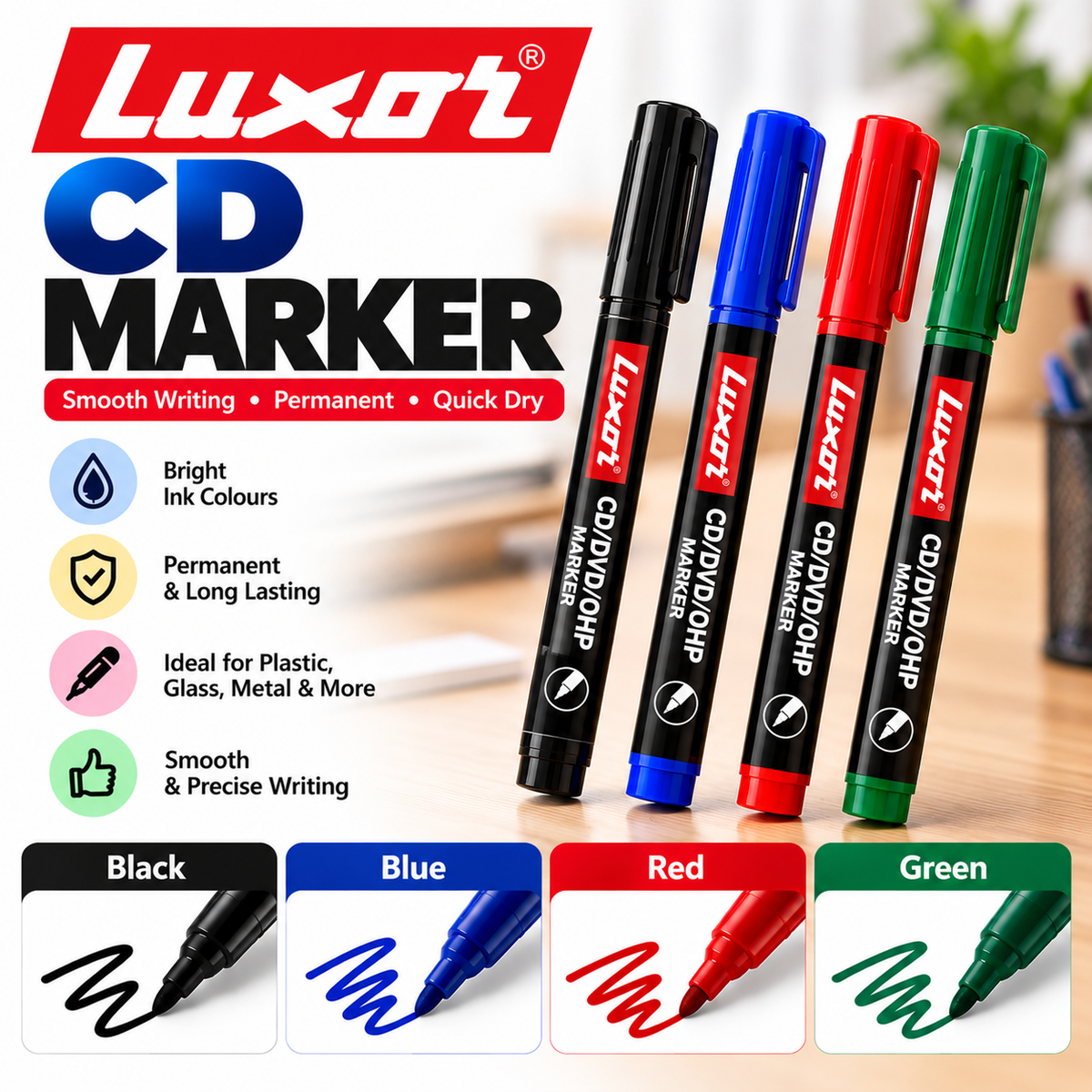 Luxar CD marker pen - Black, Blue, Green, Red